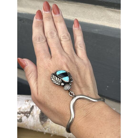 Signed Navajo Sterling Silver Turquoise Onyx Inlay Cuff Bracelet Sweater Drop - Picture 2 of 7